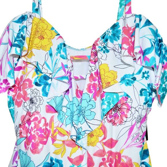 New Kenneth Cole Women's Plus Cold Shoulder Ruffle Floral One-Piece Swimsuit - Picture 5 of 9